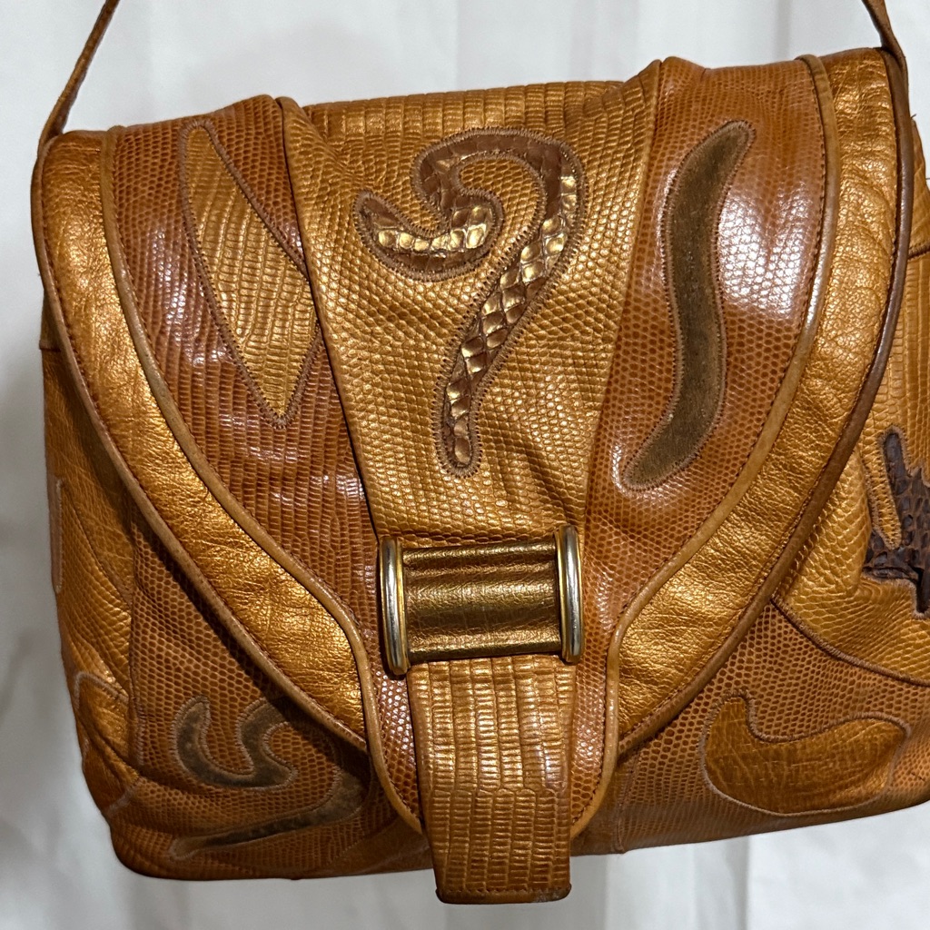 Sharif Vintage 80s 90s Pearly Gold Reptile Leather Crossbody Purse Handbag